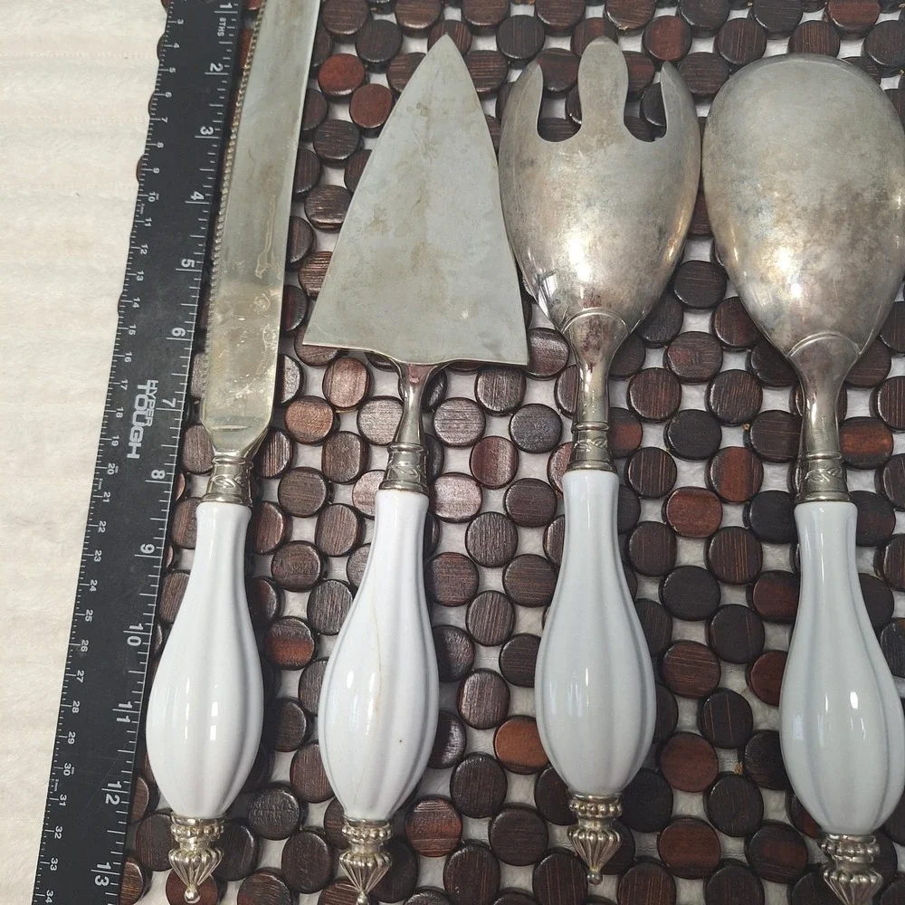 5 Pc Set Elegant Godinger Silver Plate Serving Set Porcelain Handle Victorian